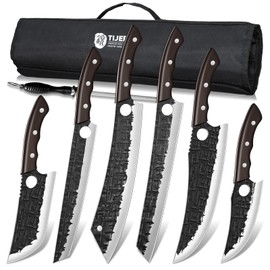TIJERAS Butcher Knife Set, Hand Forged BBQ Viking Meat Cleaver Knives Professional Chef Knife Set with Roll Bag, 6 PCS High Carbon Steel Kitchen Knives for Camping Grilling, Birthday Dad Mom Gift