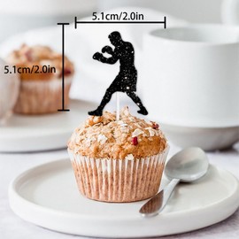 18pcs Black Glitter Silhouette Boxer Dessert Cupcake Topper Cheer to Boxing Match Fitness Sports Theme Decor Supplies Men Women Happy Birthday Party Decorations