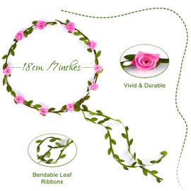 PLULON 2Pcs Flower Crown Headband Women Garland Headband Hair Floral Wreath Boho Headpiece for Girls Wedding Festival Hair Accessories (Red+Pink)