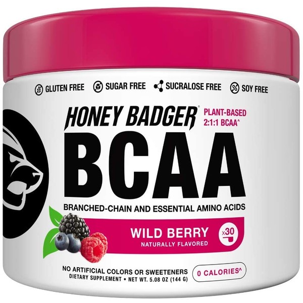 Honey Badger Vegan Keto BCAA + EAA Electrolyte Powder | Wild Berry | Natural Gluten Free Amino Acids Essential Aminos Sugar Free + Sucralose Free | 30 Servings