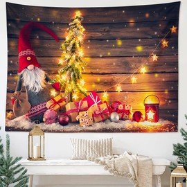 JOTOM Christmas Tapestry 59x51 Inch Wall Hanging Blanket Winter Gnome Xmas Tree Tapestries Chirstmas Party Decorations Wall Art for Living Room Bedroom Dorm Home Decor 150x130cm (Dwarf Gift)