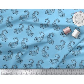 Soimoi Blue Cotton Duck Fabric Black Sketch Floral & Paisley Printed Fabric 1 Yard 56 Inch Wide