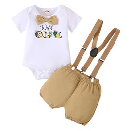 LUVCES Baby Boys My 1st Birthday Outfit Wild One Animal Gentleman Romper Top with Bow Tie + Braces Shorts Summer 2-Piece Clothing Set, A: Wild One Khaki, 9 - 12 months