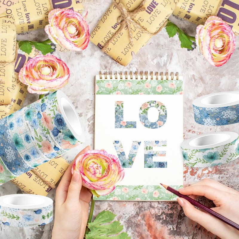 Blue Rose and Washi Tape Set 12 Rolls Floral Decorative