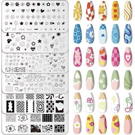 Whaline 6Pcs Preppy Nail Plates Stamping Set Heart Flower Butterfly Star Smiling Stamp Templates Groovy Nail Art Plates for DIY Print Manicure Salon Design Gift