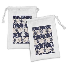 Lunarable Sun and Moon Fabric Pouch Set of 2, Wavy Color Bands Spiral Celestial Body Phases Little Stars Vintage Design, Small Drawstring Bag for Toiletries Masks and Favors, 9" x 6", Navy Blue Cream