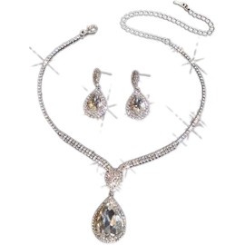 Bride Rhinestone Necklace Earrings Set Bridal Wedding Necklace Earrings Sets Bride Bridesmaid Prom Costume Jewelry Set for Women (Silvery, One Size)