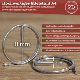 PD® Ring Cotter Pins, 1 x 11 mm, Rustproof Retaining Rings Made of Stainless Steel A4 V4A, Circlip Pins for Securing Bolts, Universal Ring Cotter Pins for Locking Bolts, Pack of 10