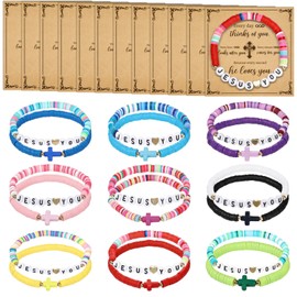 9 Sets Easter Christian Bracelets Bulk Cross Jesus You Colorful WWJD Bracelets with Cards Friendship Bracelet Beaded Wristband for Women Men Inspirational Religious Reminder Church Jewelry
