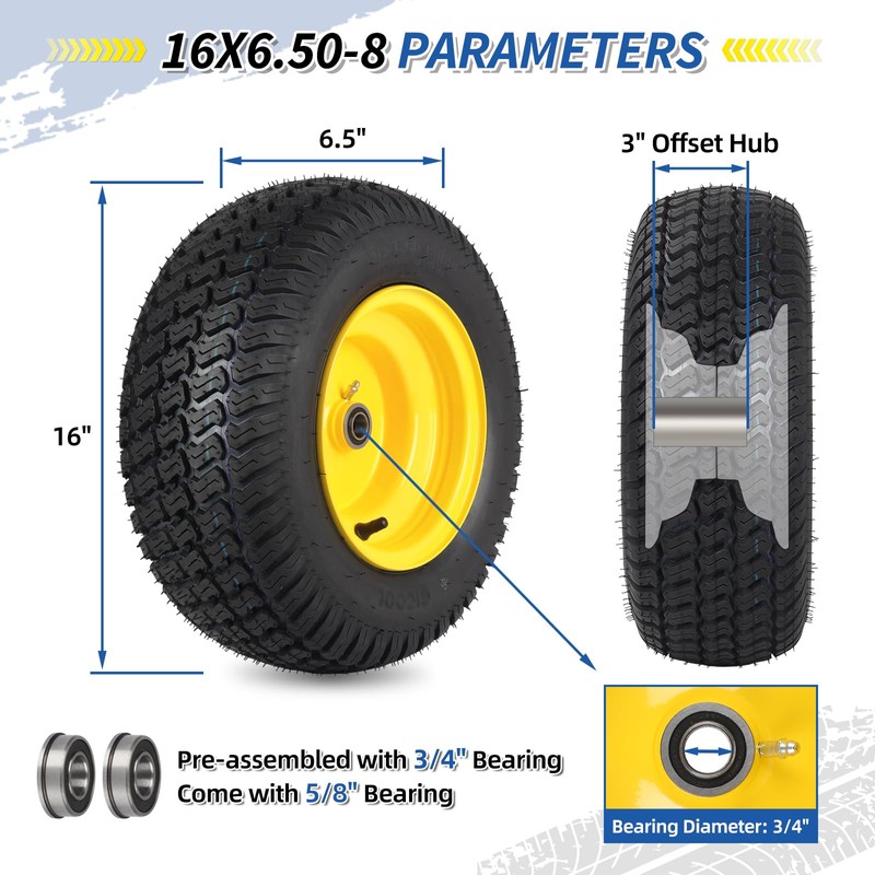 GICOOL 16x6.50-8 Tubeless Tire and Wheel, 16x6.5-8 Lawn Mower Tires,