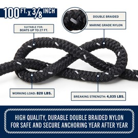 RainierSupplyCo Boat Anchor Rope -Double Braided Marine Rope Anchor Line -100 ft x3/8 Inch Nylon Boating Line with 316 Stainless Steel Thimble and Heavy Duty Marine Grade Bow Shackle -Black Reflective