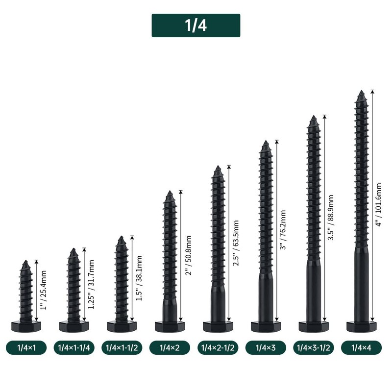 1/4 x 1-1/4" Black Hex Head Lag Screws Bolts (20
