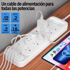 GALASALA Multicontacto Regleta Extension Electrica con Protector Supresor de Picos Voltaje, 1,8 M, Enchufe Plano, 12 Salidas y 4 USB (2 USB-C), Conector Multiple, Multicontacto USB para Hogar Oficina