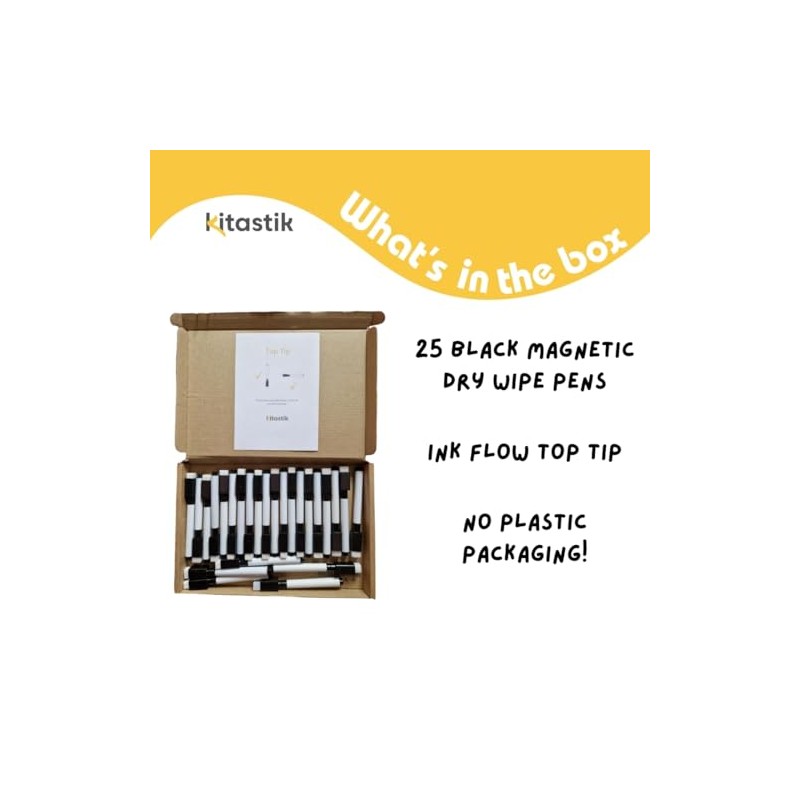 Kitastik 25 Dry Wipe Board Pens and Eraser Built-in White