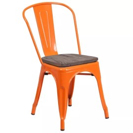 Alston Bistro Style Metal Chair in Orange with Wood Seat