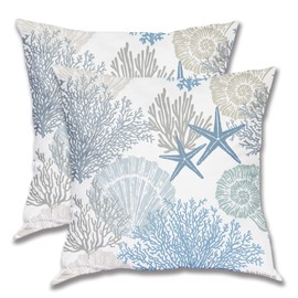 BETGINY Coastal Throw Pillow Cover 16 X 16 Inch Pack of 2, Summer Ocean Themed Pillow Covers Square Cushion Farmhouse Seashell Starfish Beach Pillow Cases for Bedroom Living Room Patio