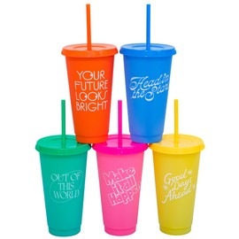 ban.do Color Changing Cups with Straws, Set of 5, 24 oz Travel Tumblers with Lids and Straws, Colorblock