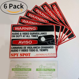 Audio & Video Sign Vinyl | 6 Pack | 4" x 3" | Decal Self Adhesive Weatherproof Resistant CCTV Surveillance Stickers English/Spanish Security Logo