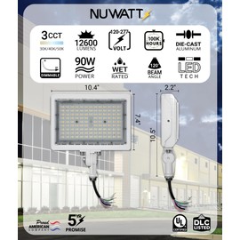 NUWATT 90W LED Flood Light, 3CCT 3000K/4000K/5000K Selectable, IP65 Waterproof Lighting, Adjustable Knuckle Mount, 12600LM, 0-10V Dimmable, 120-277V, Outdoor Security Floodlight for Yard, White, UL