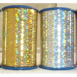 2 x Spools of Holographic Lurex Premium Threads 1 Gold + 1 Silver 2500 Meters Each Spool Size 1/32 + 2 Plain Gold and Silver SPOOLS Free
