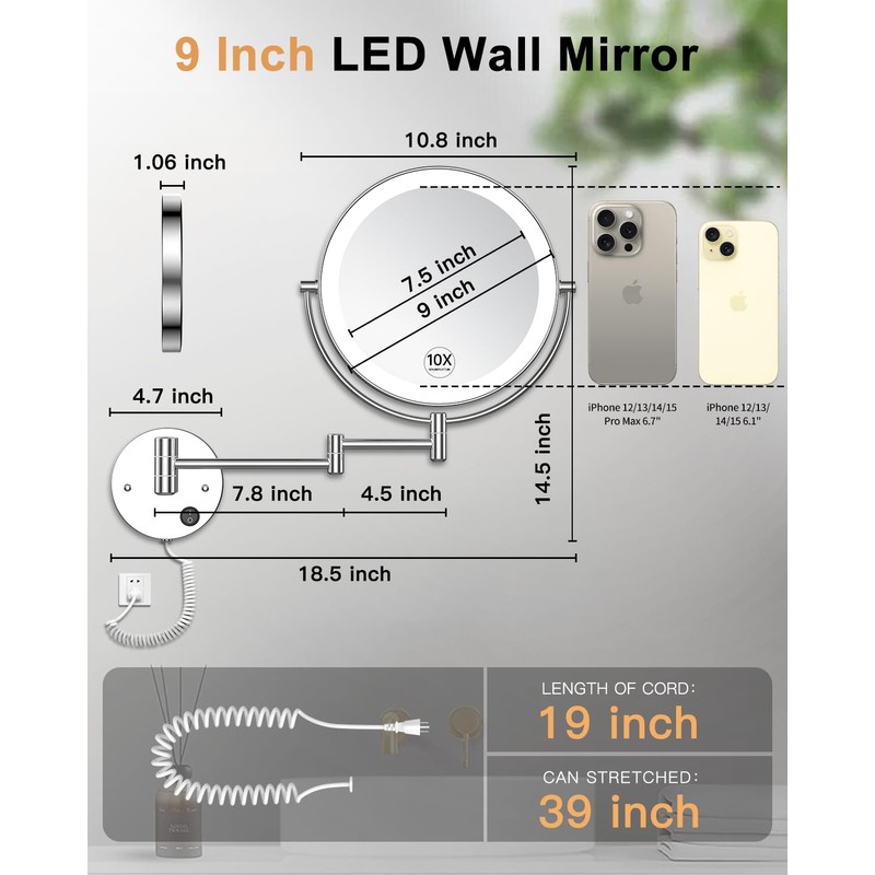 Gospire 9” Wall Mounted Lighted Magnifying Mirror, 1X/10X Magnification Double-Sided