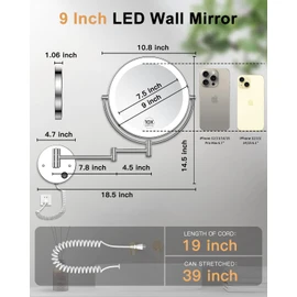 Gospire 9” Wall Mounted Lighted Magnifying Mirror, 1X/10X Magnification Double-Sided LED Bathroom Mirror, 3 Color Lights & Stepless Dimming with Touch Sensor, Extendable Arm 360° Swivel for Shaving