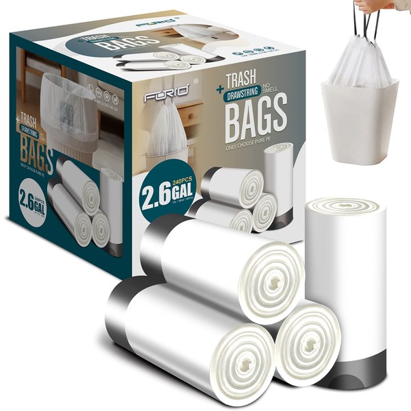FORID Small Drawstring Trash Bags - 2.6 Gallon White Garbage