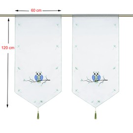 HeichkelL Voile Net Curtains, Owl Pattern, Transparent Embroidered Bistro Curtain with Tassel, Window Curtains, Drawstring, Panneaux, Short Curtains, Green, W x H 60 x 120 cm, Pack of 2