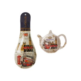 London Souvenir Ceramic Kitchen Set – Includes Spoon Rest and Teapot-Shaped Tea Bag Holder – Featuring Big Ben, Red Bus, Telephone Booth & Queen’s Guard | British Travel Gift & Collectible Kitchenware