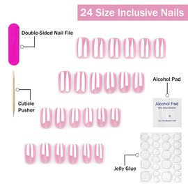Chrome Pink Press on Nails Medium Square SWEKKE Fake Nails Full Cover Pink Flash Solid Color Stick on Nails False Nails with Nail Glue Glossy Glue on Nails Acrylic Artificial Nails for Women Girls