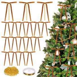 LOYIM 48 Pcs Velvet Christmas Tree Bows 33 Ft Beads Garland Chain Velvet Christmas Tree Ornaments Vintage Wreath Bow for Xmas Home Wedding Decoration(Brown)