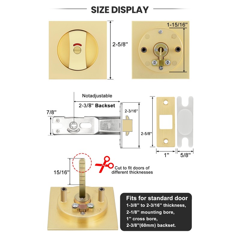goldenwarm Brushed Gold Square Pocket Door Lock with Indicator, Pocket