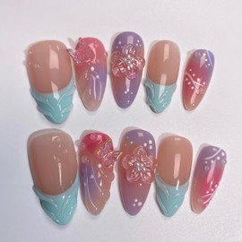 MAGLFELL MAGLFELL Women Press On Nails - Medium Almond False Nails 10Pcs Luxury Handmade 3D Painting Art ABS Acrylic Artificial Fingernails