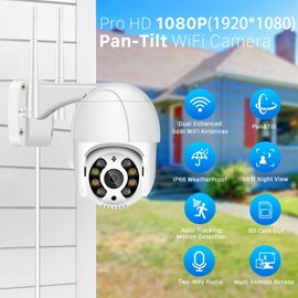 Anksono 2MP Outdoor WiFi Surveillance Camera, 350°/90° Swivelling PTZ Outdoor WLAN IP Camera Surveillance Outdoor, WiFi Camera with Automatic Tracking, Night Vision in Colour, 2-Way Audio, IP66