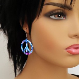 Real Metal Purple Blue Hippie Tie Dye Peace Sign Enamel on Pewter Dangle Earrings #835TDP