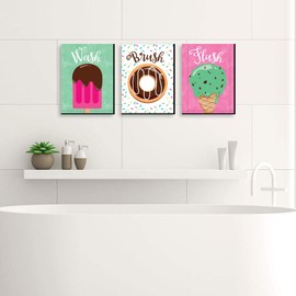 Big Dot of Happiness Sweet Shoppe - Kids Bathroom Rules Wall Art - 7.5 x 10 inches - Set of 3 Signs - Wash, Brush, Flush