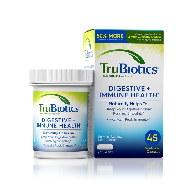 TruBiotics Probiotics for Women & Men's Digestive & Immune Health, Supports Regularity & Helps Relieve Minor Abdominal Discomfort, Gas & Bloating, 2 Clinically Studied Probiotic Strains, 45 Capsules