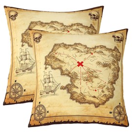Feelyou Set of 2 Nautical Island Map Throw Pillow Covers, Old Map Pirate Ship Cushion Case for Home Living Room Decor, Reversible Ocean Skull Decorative Throw Cushion Case, 18x18 Inches