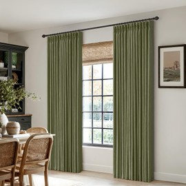 MIULEE Olive Green Pinch Pleated Linen Curtains 96 Inches Long 2 Panels for Living Room Bedroom, Linen Texture Memory Trained Drapes Back Tab Semi Sheer Moss Green Window Curtains with Hooks&Rings