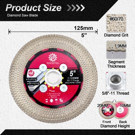 FOCSTOL Diamond Tile Saw Blade - 5''(125mm) Cutting & Grinding Disc Wheel with 5/8"-11 Flange for Porcelain Ceramic Tile Marble Granite Artificial Stone with X Mesh Rim for Angle Grinder