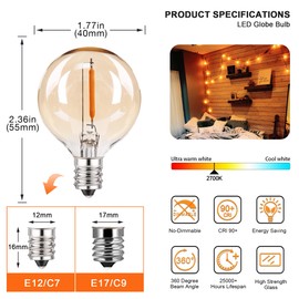 Pack of 25 G40 Amber Glass Led Replacement Bulbs, 1W Equivalent 10W E12 Screw Base Soft Warm 2200K Globe Light Bulb for Indoor & Outdoor Led String Light Party Patio Garden Decor, CRI 90+