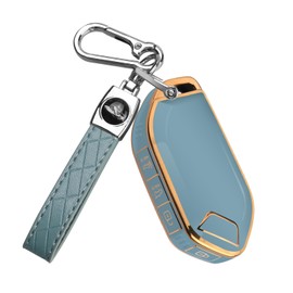 QBUC for Kia Key fob Cover,Soft TPU 360°Car Key Case Protector with Leather Keychain Compatible with Kia Telluride 2023/2024 5 Buttons Smart Key (Blue)