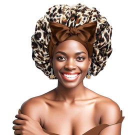 Ptrin Satin Hair Cap, 1 x Silk Bonnet for Sleeping, Night Bonnet, Satin Sleep Cap with Elastic Band, Adjustable, for Women and Girls, Leopard Yellow