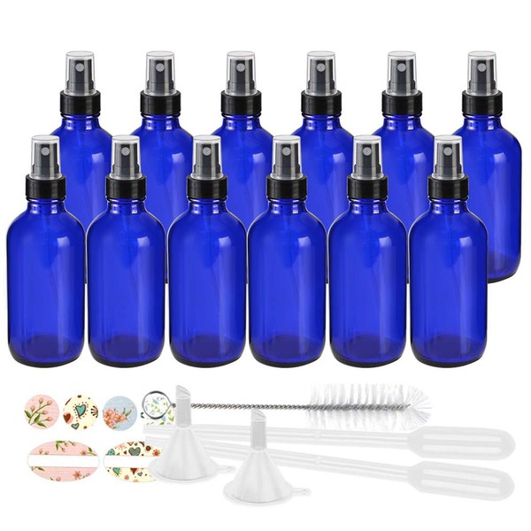 STARSIDE 12 Pack 120 ml 4oz Blue Glass Spray Bottles with Fine Mist Sprayer & Dust Cap for Essential Oils, Perfumes,Cleaning Products.Included 1 Brush,2 Funnels,2 Droppers & 18 Labels.