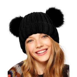 Womens Winter Double Pom Pom Beanie Hats Detachable Fur Ball Cute Cap Warm Soft Cable Knit Hat with Ears for Women, Black, One Size