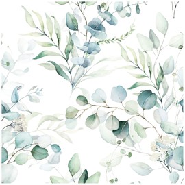 HAOKHOME Peel and Stick Wallpaper Boho Green/White Eucalyptus Leaf Floral Wall Mural Home Nursery Decor Renter Friendly Wallpaper 17.3in x 19.6ft