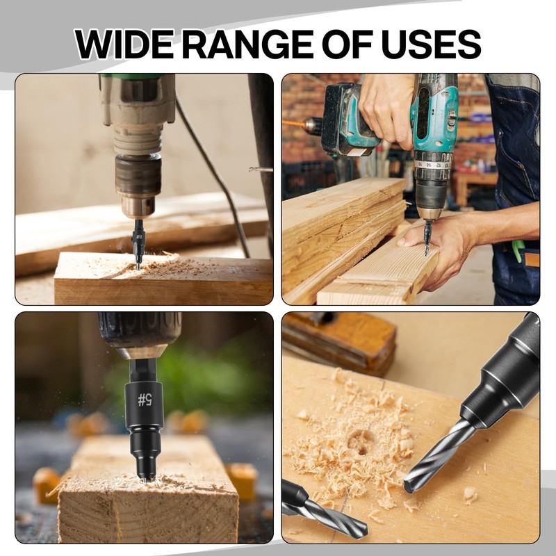 5-Piece HSS Countersink Drill Bit Set, 1/4" Hex Shank Adjustable