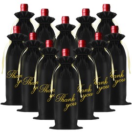Megitzuu 12 Pcs Satin Wine Gift Bags with Drawstrings, Reusable Thank You Gift Bag Black Wine Bottle Bags for Wedding, Birthday, Travel, Holiday Party, Blind Tastings, Home Storage