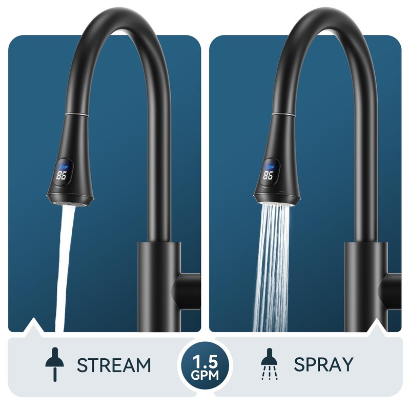 FORIOUS Black LED Kitchen Faucet with Pull Down Sprayer, High