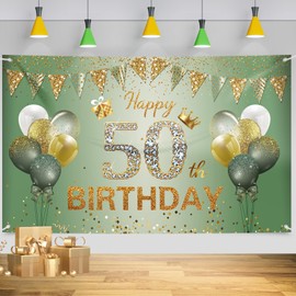 50th Birthday Decorations for Women Men, 50th Birthday Banner, 50th Birthday Backdrop Party Decorations, Sage Green Gold Happy 50th Birthday Banner Background for Birthday Anniversary Party Supplies